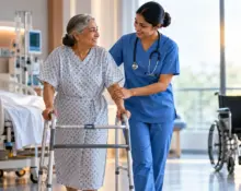 Nurse assisting a patient with early ambulation using a walker in a hospital