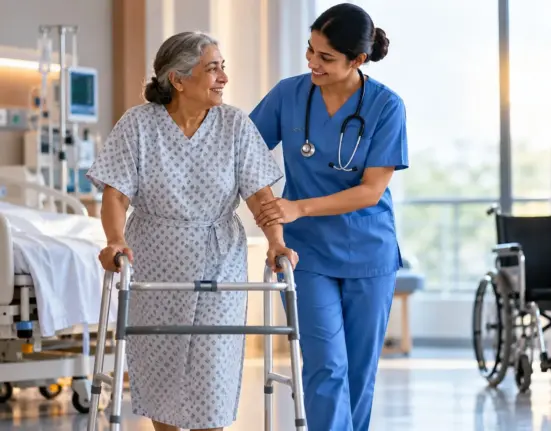 Nurse assisting a patient with early ambulation using a walker in a hospital