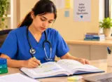 A nurse in blue scrubs sits at a desk, intently reading and highlighting a textbook. A stethoscope is around her neck. On the desk are OET preparation books, notebooks, a laptop, and pens. In the background are bookshelves and a poster that reads "Better English, Brighter Opportunities.
