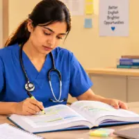 A nurse in blue scrubs sits at a desk, intently reading and highlighting a textbook. A stethoscope is around her neck. On the desk are OET preparation books, notebooks, a laptop, and pens. In the background are bookshelves and a poster that reads "Better English, Brighter Opportunities.