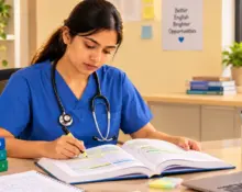 A nurse in blue scrubs sits at a desk, intently reading and highlighting a textbook. A stethoscope is around her neck. On the desk are OET preparation books, notebooks, a laptop, and pens. In the background are bookshelves and a poster that reads "Better English, Brighter Opportunities.