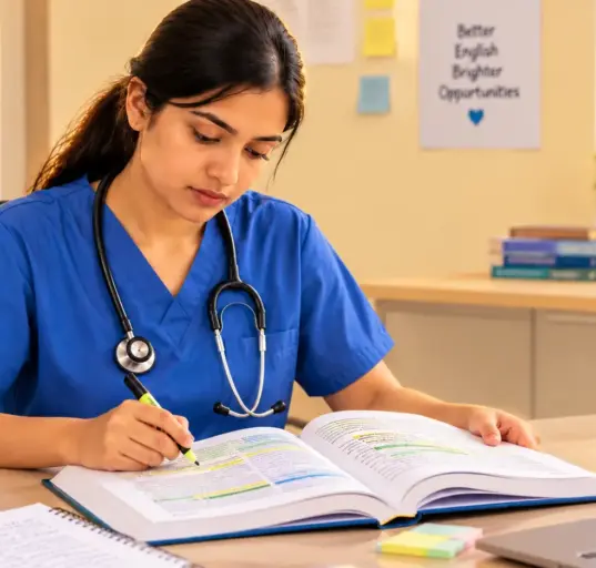 A nurse in blue scrubs sits at a desk, intently reading and highlighting a textbook. A stethoscope is around her neck. On the desk are OET preparation books, notebooks, a laptop, and pens. In the background are bookshelves and a poster that reads "Better English, Brighter Opportunities.