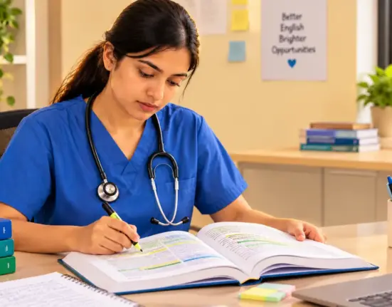 A nurse in blue scrubs sits at a desk, intently reading and highlighting a textbook. A stethoscope is around her neck. On the desk are OET preparation books, notebooks, a laptop, and pens. In the background are bookshelves and a poster that reads "Better English, Brighter Opportunities.