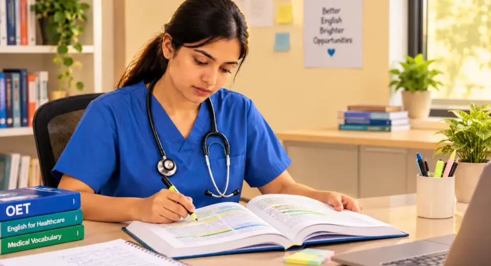 A nurse in blue scrubs sits at a desk, intently reading and highlighting a textbook. A stethoscope is around her neck. On the desk are OET preparation books, notebooks, a laptop, and pens. In the background are bookshelves and a poster that reads "Better English, Brighter Opportunities.