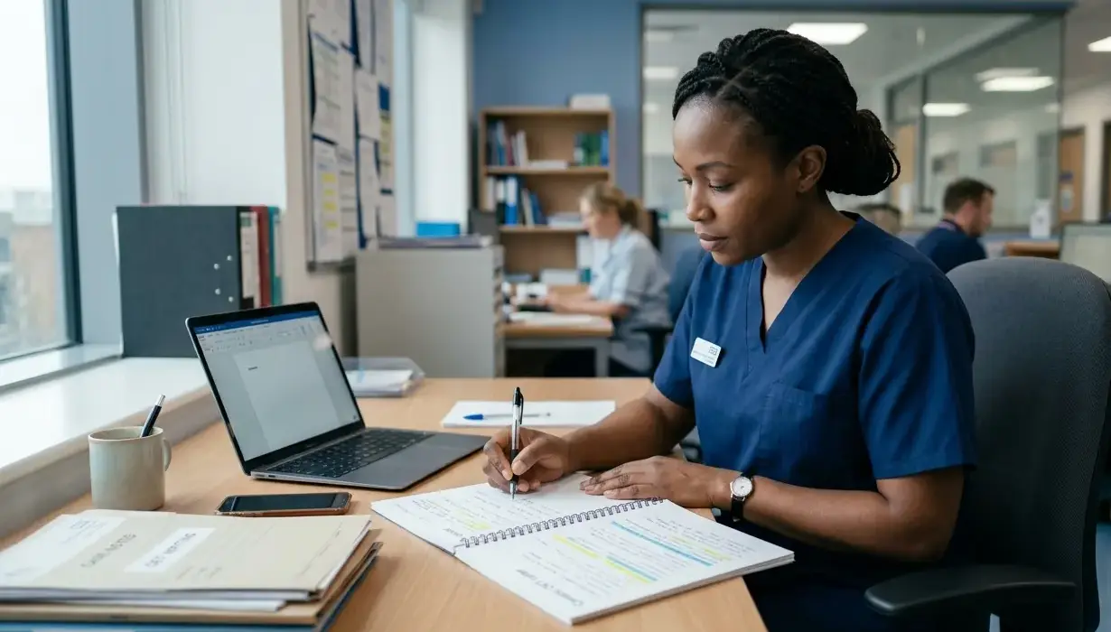 International nurse writing an OET letter in a UK healthcare environment, focusing on clear and organised writing.