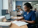 International nurse writing an OET letter in a UK healthcare environment, focusing on clear and organised writing.