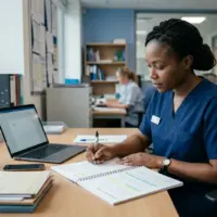 International nurse writing an OET letter in a UK healthcare environment, focusing on clear and organised writing.