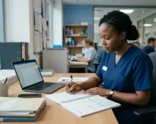 International nurse writing an OET letter in a UK healthcare environment, focusing on clear and organised writing.