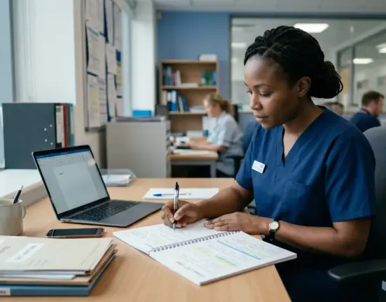 International nurse writing an OET letter in a UK healthcare environment, focusing on clear and organised writing.