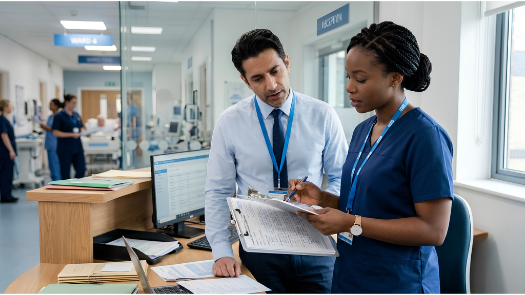 A nurse in navy blue scrubs and a colleague reviewing follow-up OET Writing case notes on a clipboard at a hospital reception desk
