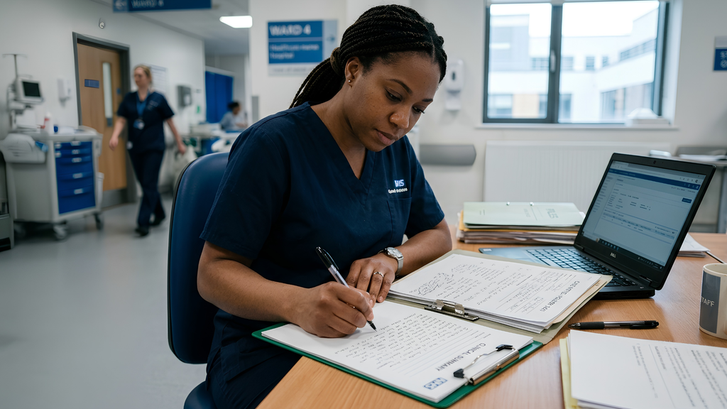 A nurse in navy blue scrubs with braided hair sits at a desk and writes on a notepad with a pen. She is looking down at the notebook. On the desk are a laptop, various papers, and a mug. In the background, there's a hospital hallway with other staff members.
