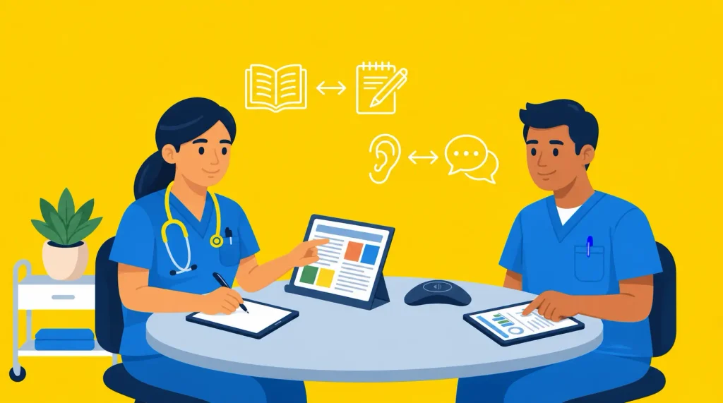 Minimalist illustration of two healthcare professionals collaborating at a round table, with white line graphics overhead representing the connection between reading, writing, listening, and speaking skills.