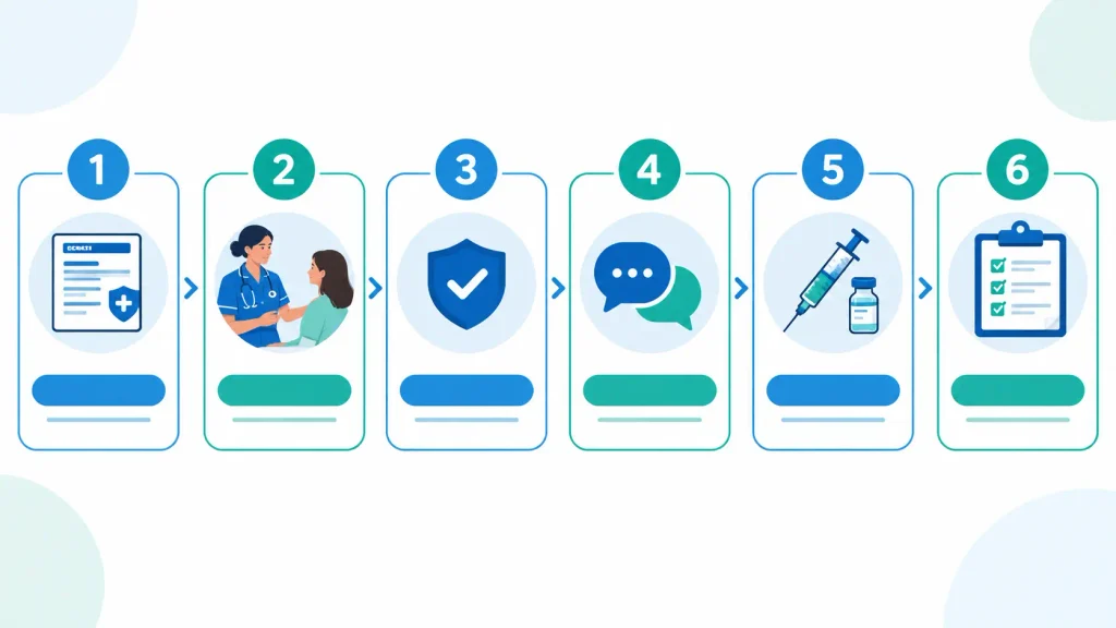 Six-step flow diagram showing safe medication administration under a Patient Group Direction