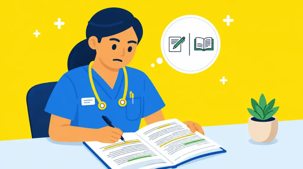 The image of a nurse in blue scrubs reading and highlighting a textbook at a desk, representing the importance of language skills and exam techniques in OET preparation.