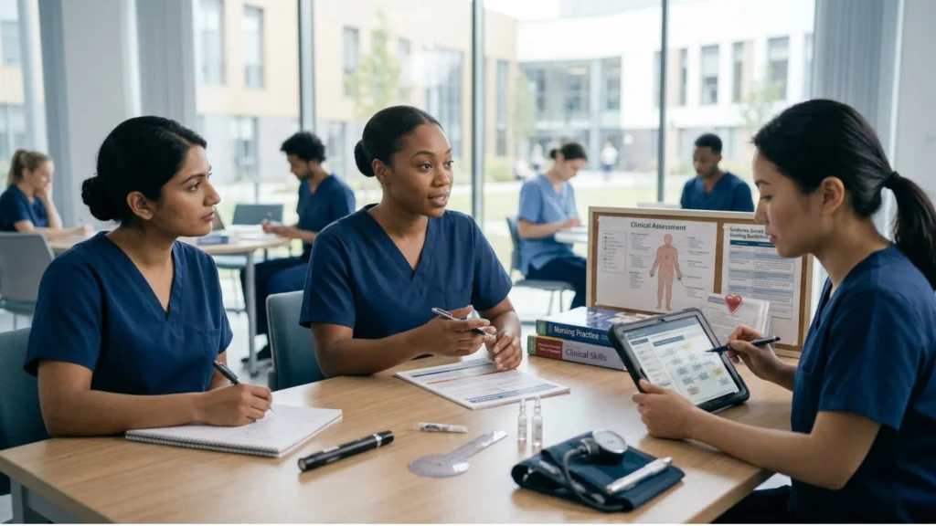 A diverse group of three female nursing students, wearing blue scrubs, are seated at a wooden table in a well-lit modern common room with large windows, working together with study materials, a laptop, and a blood pressure cuff.