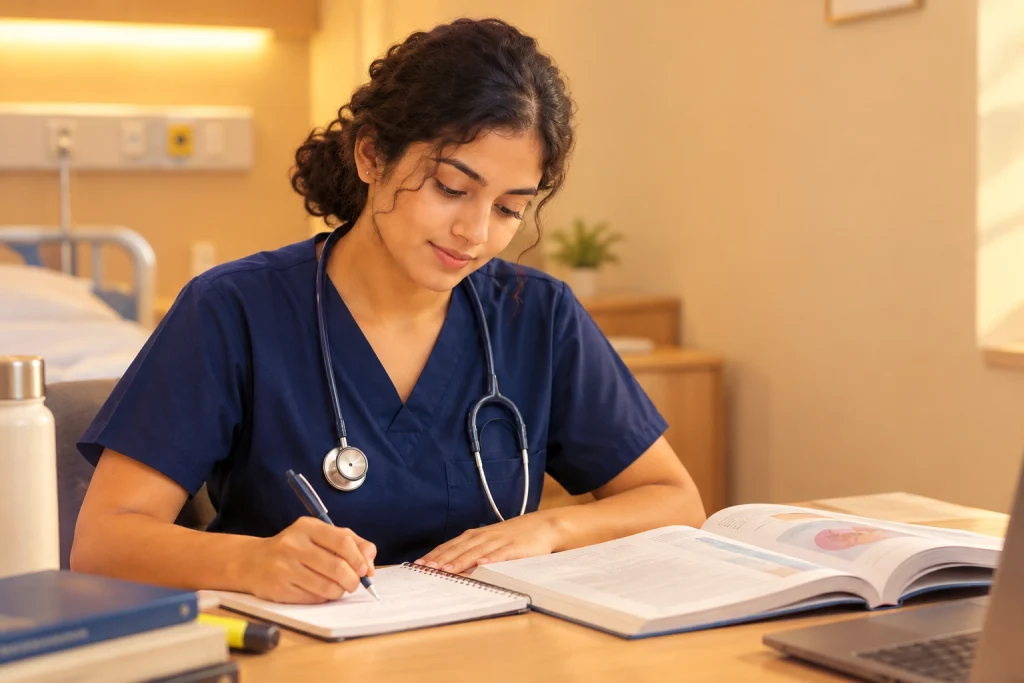 Nurse in navy blue scrubs studying ketonuria and ketones for NMC OSCE preparation in a warm hospital room.

Attend Mentor Merlin's NMC OSCE Mock Test For FREE