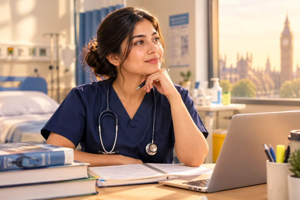 Nurse in navy blue scrubs studying for the NMC OSCE resit exam in a UK hospital setting.