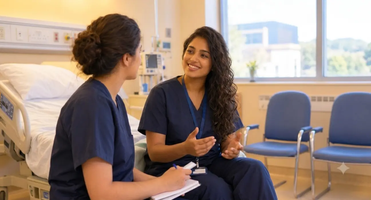 Two nurses in blue scrubs having a warm discussion in a hospital patient room near the window.
