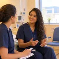 Two nurses in blue scrubs having a warm discussion in a hospital patient room near the window.