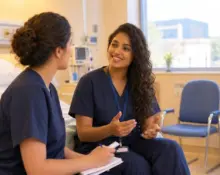 Two nurses in blue scrubs having a warm discussion in a hospital patient room near the window.