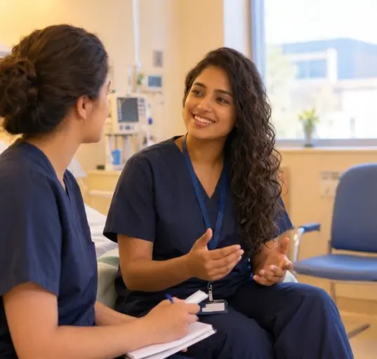 Two nurses in blue scrubs having a warm discussion in a hospital patient room near the window.