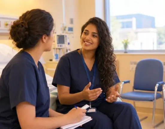 Two nurses in blue scrubs having a warm discussion in a hospital patient room near the window.
