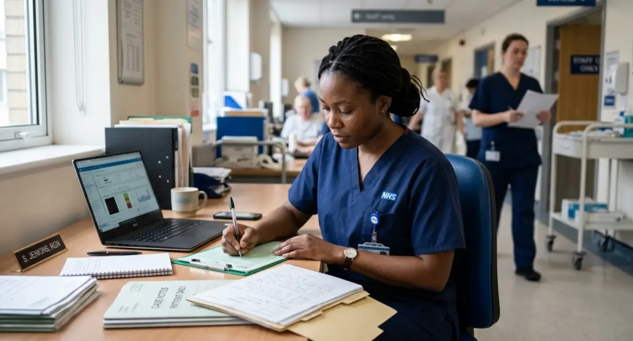 A nurse in navy blue scrubs writing clinical notes at a desk in a modern UK hospital setting, with a laptop, paperwork, and softly blurred hospital corridor in the background.
