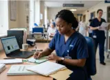 A nurse in navy blue scrubs writing clinical notes at a desk in a modern UK hospital setting, with a laptop, paperwork, and softly blurred hospital corridor in the background.