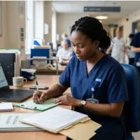 A nurse in navy blue scrubs writing clinical notes at a desk in a modern UK hospital setting, with a laptop, paperwork, and softly blurred hospital corridor in the background.