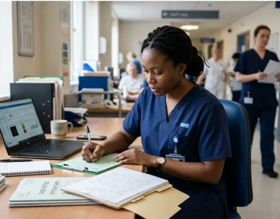A nurse in navy blue scrubs writing clinical notes at a desk in a modern UK hospital setting, with a laptop, paperwork, and softly blurred hospital corridor in the background.